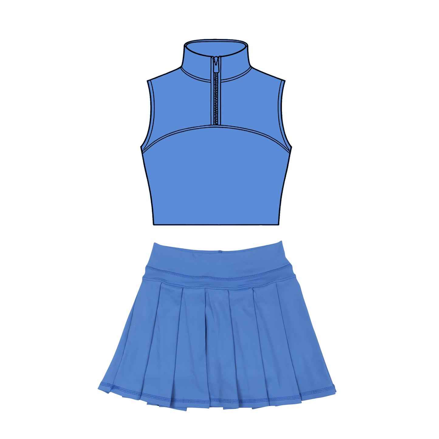 preorder GSD3298 Yoga Solid Color Blue Zipper Sleeveless Skorts Girls Set