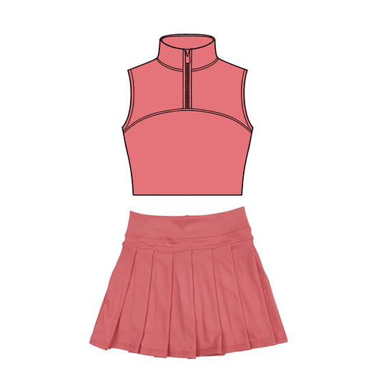 preorder GSD3299 Yoga Solid Color Pink Zipper Sleeveless Skorts Girls Set