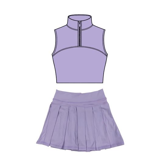 preorder GSD3300 Yoga Solid Color Purple Zipper Sleeveless Skorts Girls Set