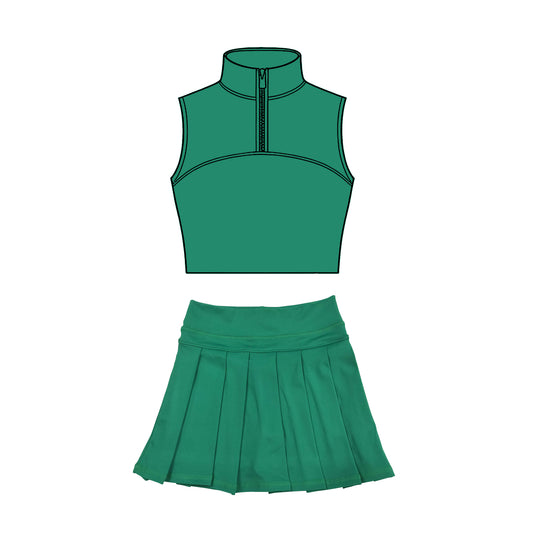preorder GSD3302 Yoga Solid Color Green Zipper Sleeveless Skorts Girls Set