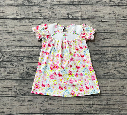 preorder Samples GSD3314 Smocked Embroidery Cross Flowers Short Sleeve Girls Dress