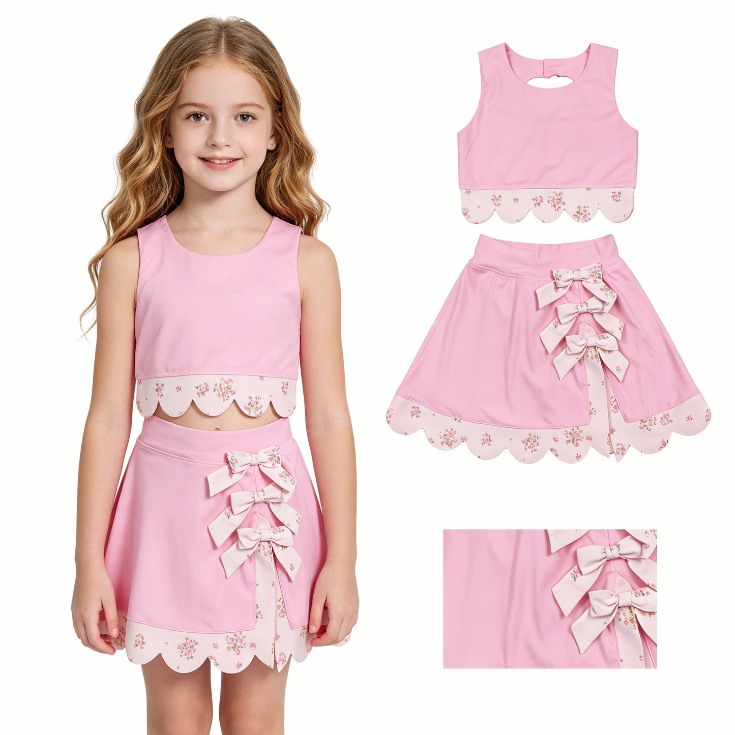 GSD3321 Yoga Scallop Solid Color Pink Sleeveless Bows Skorts Girls Set