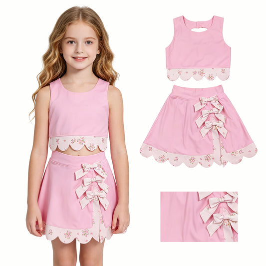 GSD3321 Yoga Scallop Solid Color Pink Sleeveless Bows Skorts Girls Set