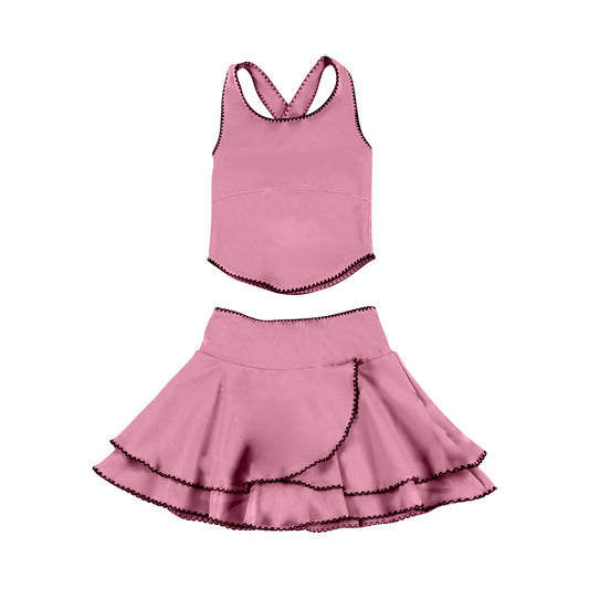 preorder GSD3326 Yoga Solid Color Pink Sleeveless Skorts Girls Set