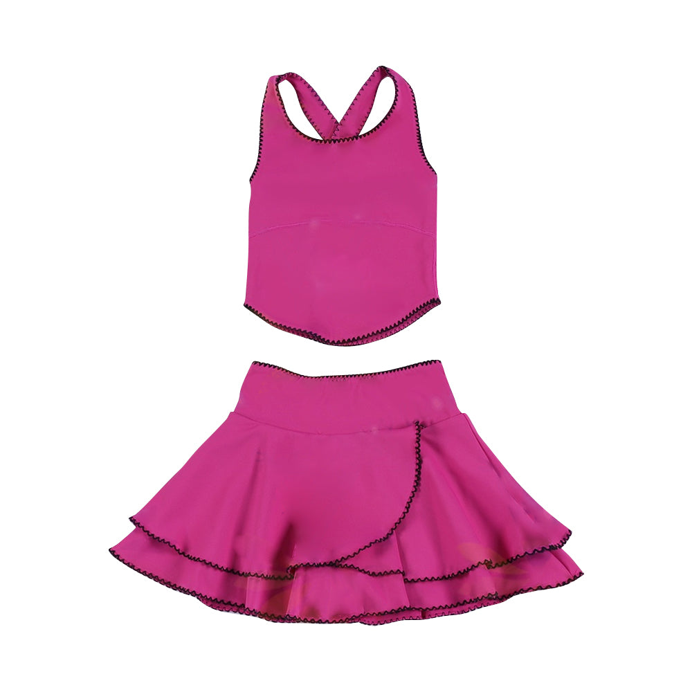 preorder GSD3329 Yoga Solid Color Hot Pink Sleeveless Skorts Girls Set