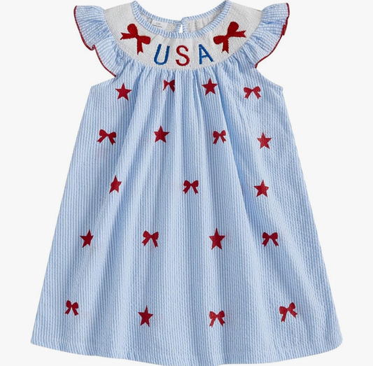 preorder GSD3341 July 4th USA Bows Star Blue Flutter Sleeve Girls Dress
