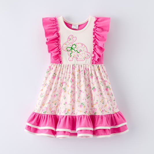 preorder GSD3343 Easter Flowers Floral Bunny Rabbit Hot Pink Flutter Sleeve Girls Dress