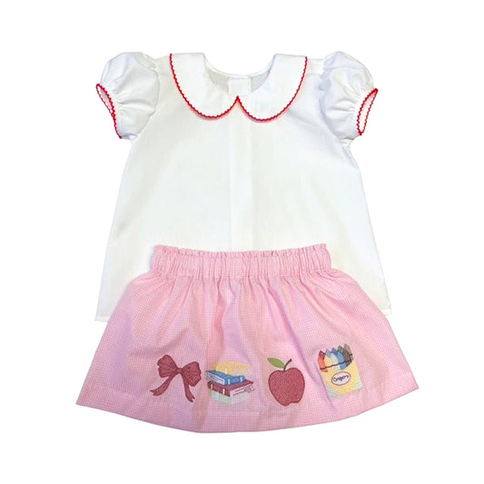 preorder GSD3366 Back To School Book Apple Short Sleeve Pink Skirts Girls Set