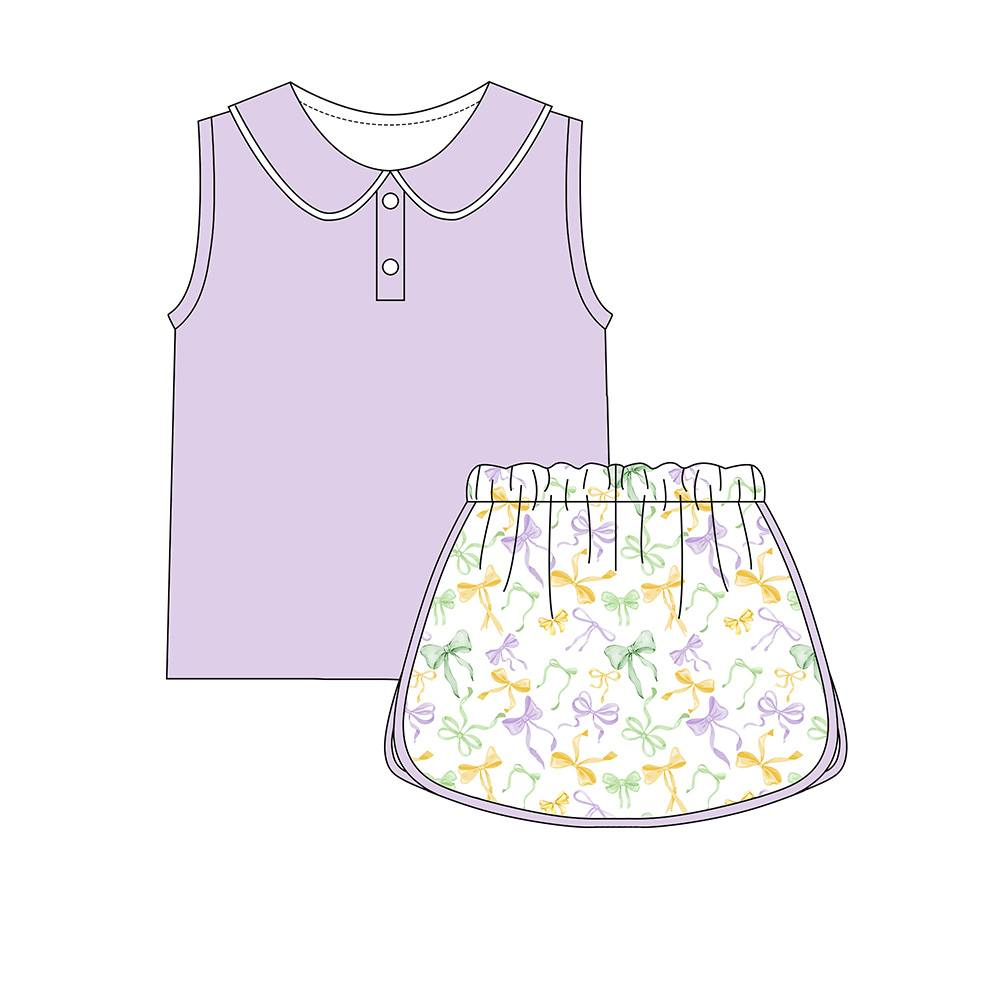 preorder GSD3373 Mardi Gras Purpel Sleeveless Bows Skorts GIrls Set