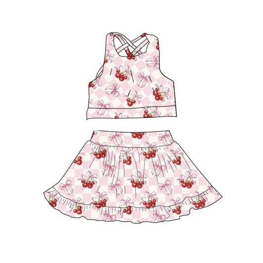 preorder GSD3379 Yoga Pink Bows Cherry Sleeveless Skorts girls Set