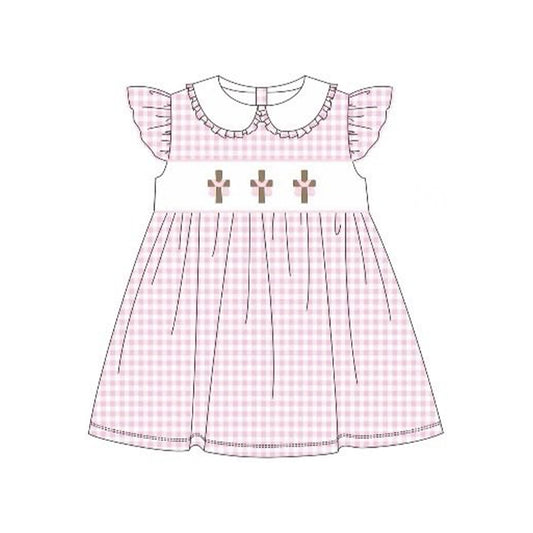 preorder GSD3382 Easter Cross Pink Checkered Flutter Sleeve Girls Dress