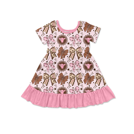 preorder GSD3384 Cow Bows Pink Short Sleeve Girls Dress