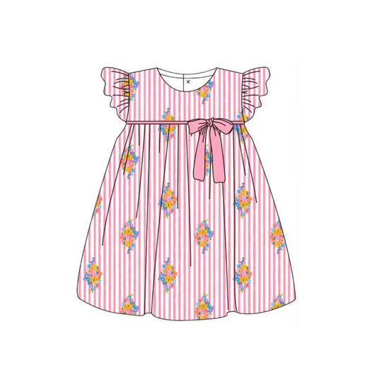 preorder GSD3390 Flowers Pink Striped Flutter Sleeve Girls Dress