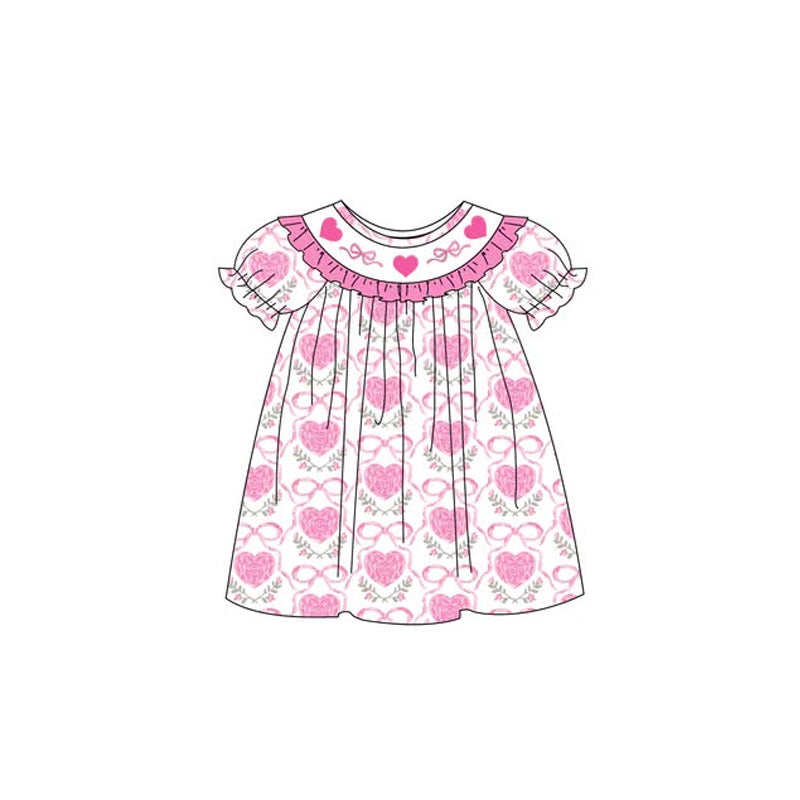 preorder GSD3391 Valentine's Day Heart Bows Hot Pink Short Sleeve Girls Dress