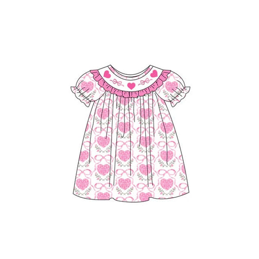preorder GSD3391 Valentine's Day Heart Bows Hot Pink Short Sleeve Girls Dress