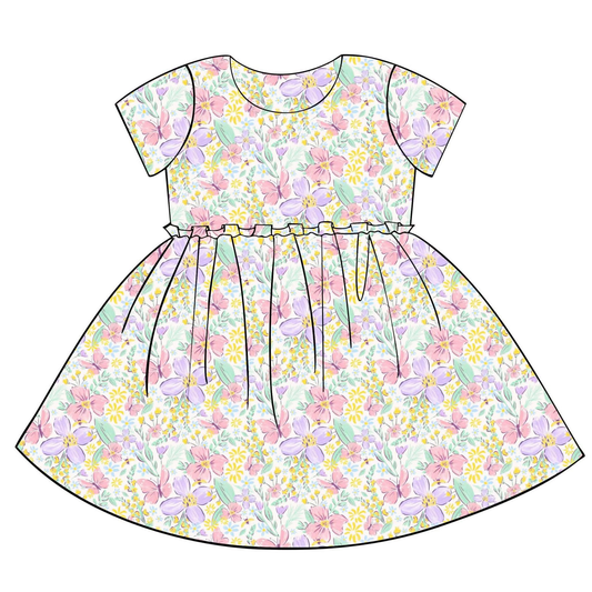 preorder GSD3397 Colorful Flowers Short Sleeve Girls Dress