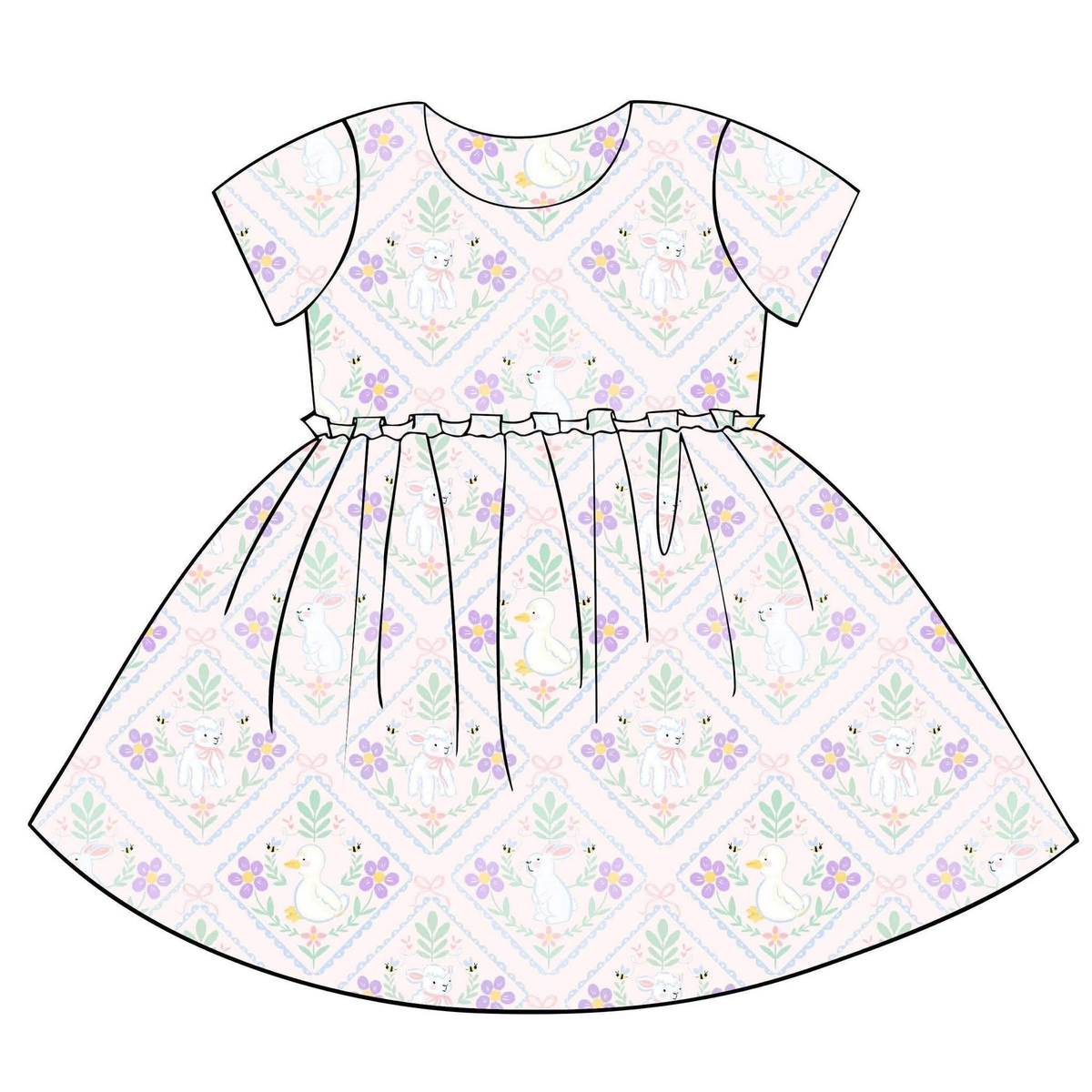 preorder GSD3399 Flowers Sheep Short Sleeve Girls Dress
