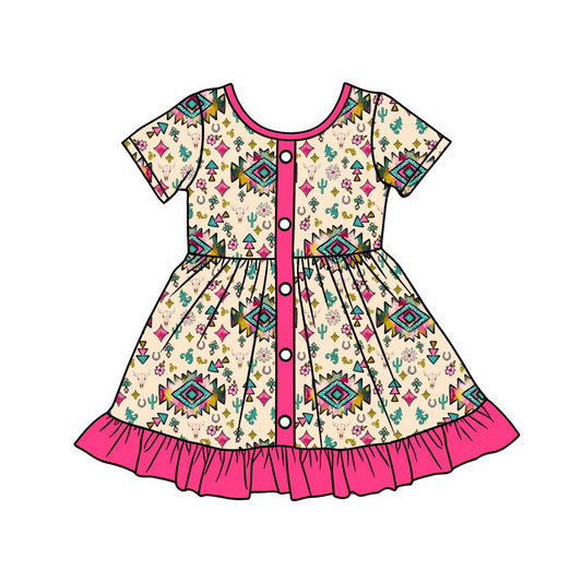 preorder GSD3403 Western Aztec Hot Pink Short Sleeve Girls Dress