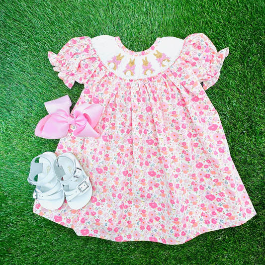 preorder GSD3406 Easter Bunny Rabbit Pink Flowers Short Sleeve Girls Dress