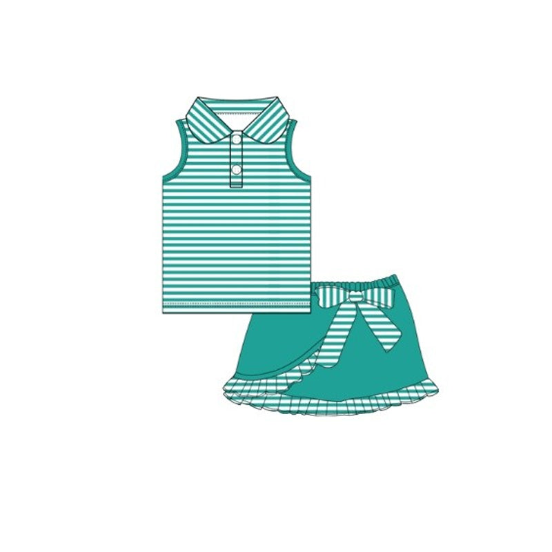 preorder GSD3409 Green Striped Sleeveless Bow Skorts Girls Set