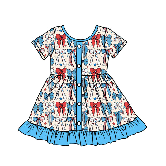 preorder GSD3415 July 4th Red Blue Bows Short Sleeve Girls Dress