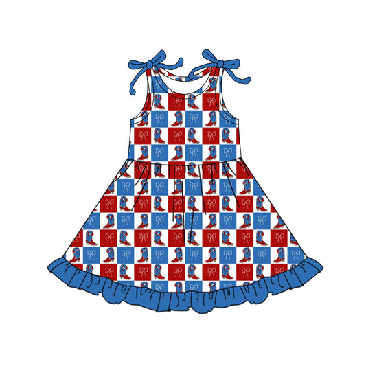 preorder GSD3417 July 4th Western Boots Bows Red Blue Checkered Girls Dress
