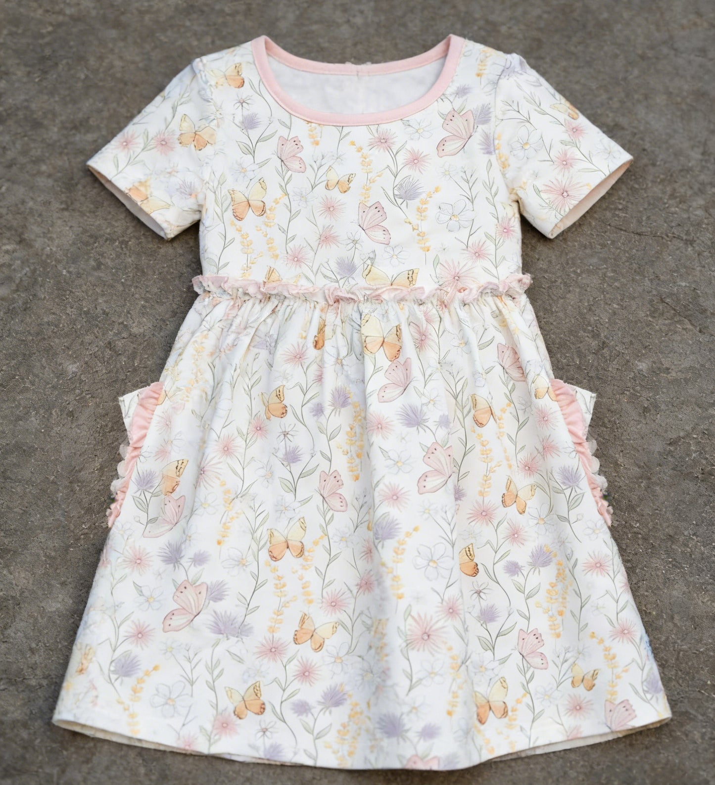 preorder GSD3419 Butterfly Flowers Pink Short Sleeve Girls  Dress