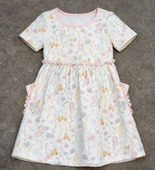 preorder GSD3419 Butterfly Flowers Pink Short Sleeve Girls  Dress