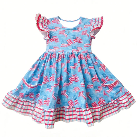 preorder GSD3422 July 4th Flag Blue Flutter Sleeve Girls Dress