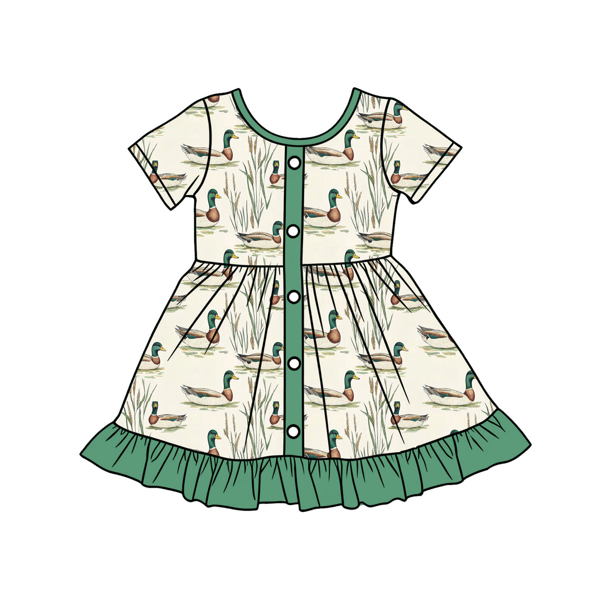 preorder GSD3431 Hunting Mallard Duck Green Short Sleeve Girls Dress