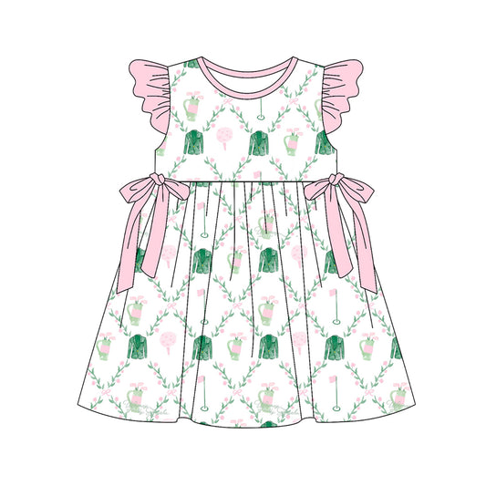 preorder GSD3464 Green Golf Flowers Flutter Sleeve Girls Dress