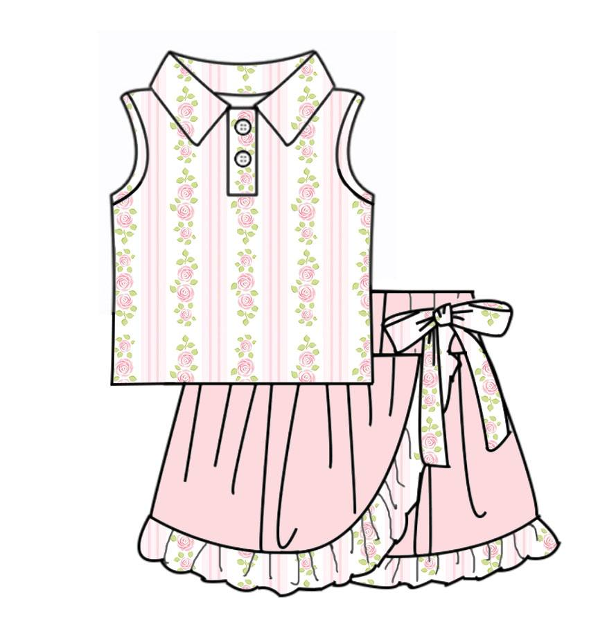 preorder GSD3473 Yoga Pink Flowers Sleeevless Pink Skorts Girls Set