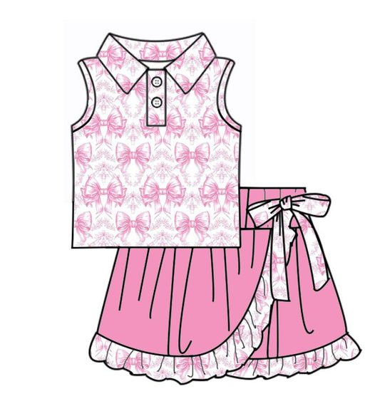 preorder GSD3474 Yoga Pink Bows Sleeevless Pink Skorts Girls Set