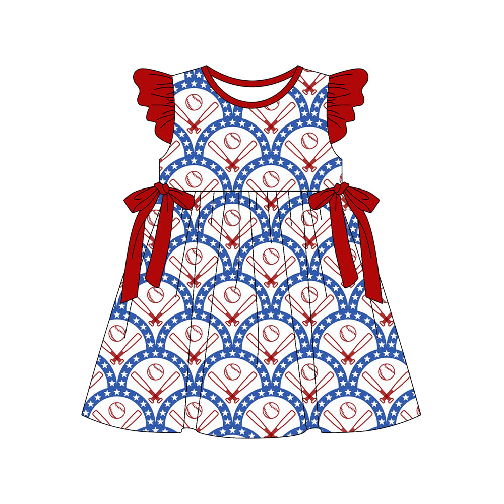 preorder GSD3483 July 4th Baseball Red Blue Bows Flutter Sleeve Girls Dress