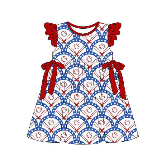 preorder GSD3483 July 4th Baseball Red Blue Bows Flutter Sleeve Girls Dress