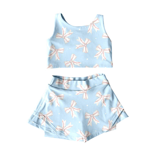 preorder GSD3495 Yoga Baseball Bows Blue Sleeveless Skorts Girls Set