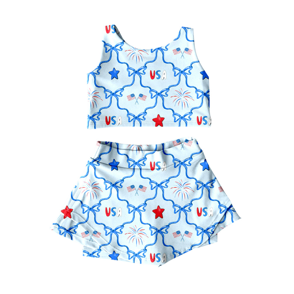 preorder GSD3497 Yoga July 4th USA Bows Flag Sleeveless Skorts Girls Set