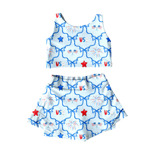 preorder GSD3497 Yoga July 4th USA Bows Flag Sleeveless Skorts Girls Set