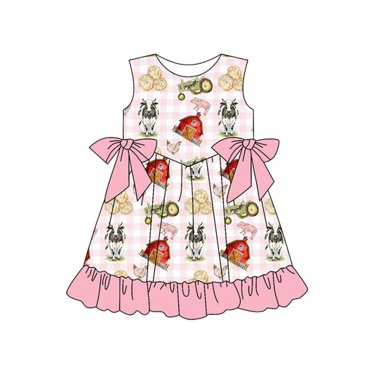 preorder GSD3507 Farm Cow House Pink Bows Sleeveless Girls Dress
