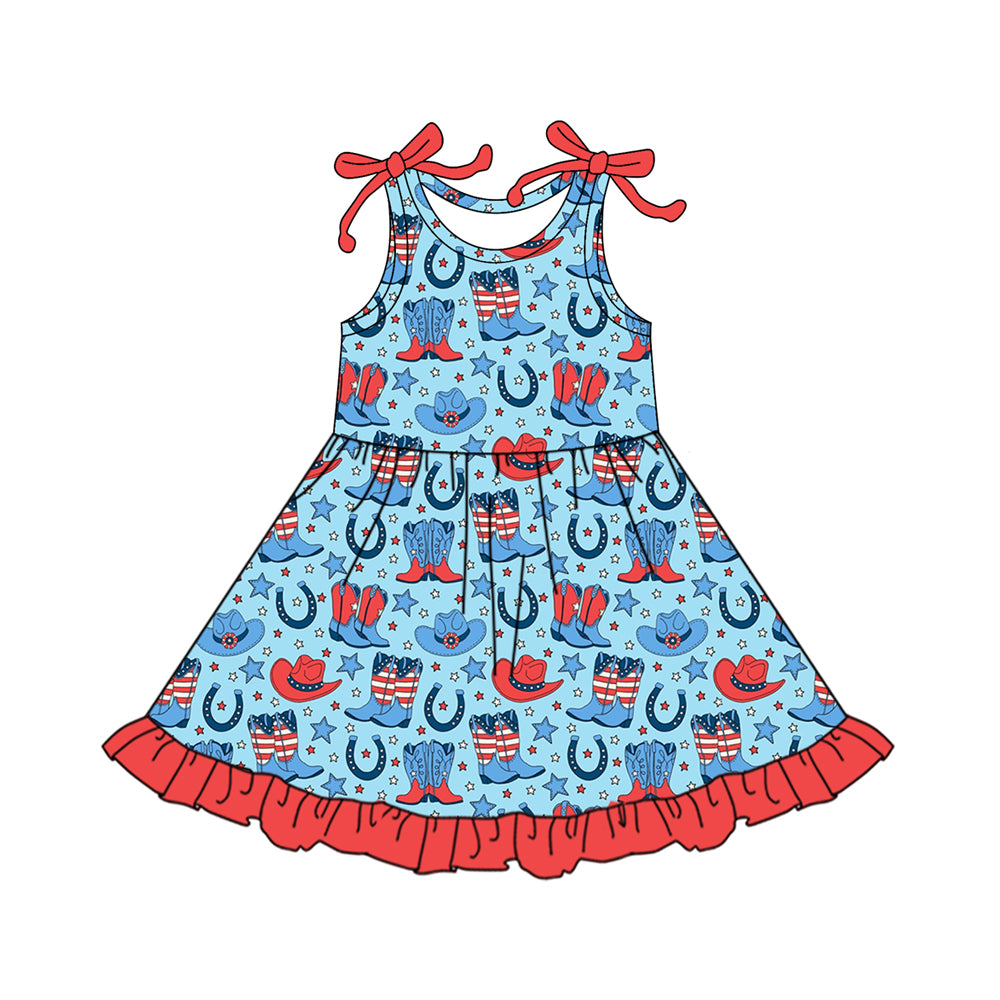 preorder GSD3522 Western Boots Cactus Blue Sleeeveless Girls Dress