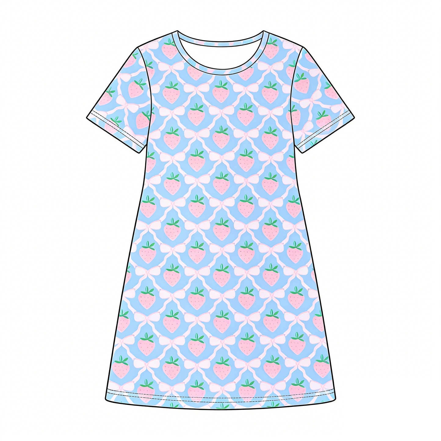 preorder GSD3527 Strawberry Bows Blue Short Sleeve Girls Dress