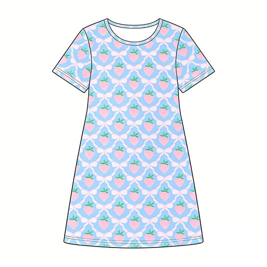 preorder GSD3527 Strawberry Bows Blue Short Sleeve Girls Dress