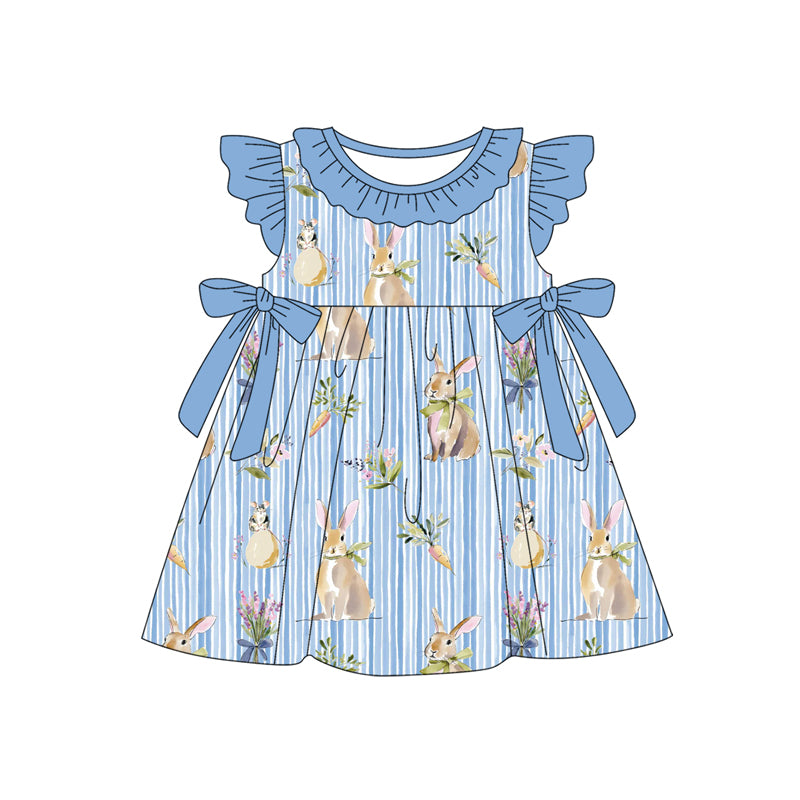 preorder GSD3536 Easter Rabbit Carrot Blue Bows Flutter Sleeve Girls Dress