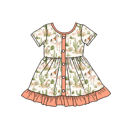 preorder GSD3549 Western Cactus Horse Short Sleeve Girls Dress