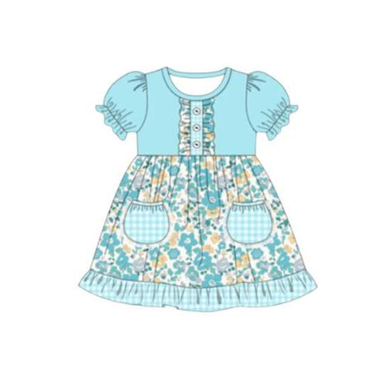 preorder GSD3553 Blue Flowers Checkered Pockets Short Sleeve Girls  Dress