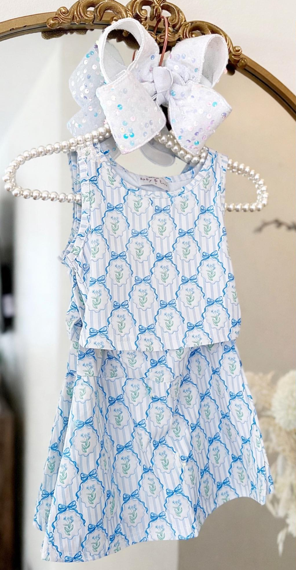 preorder GSD3557 Flowers Blue Bows Sleeveelss Skorts Girls Set