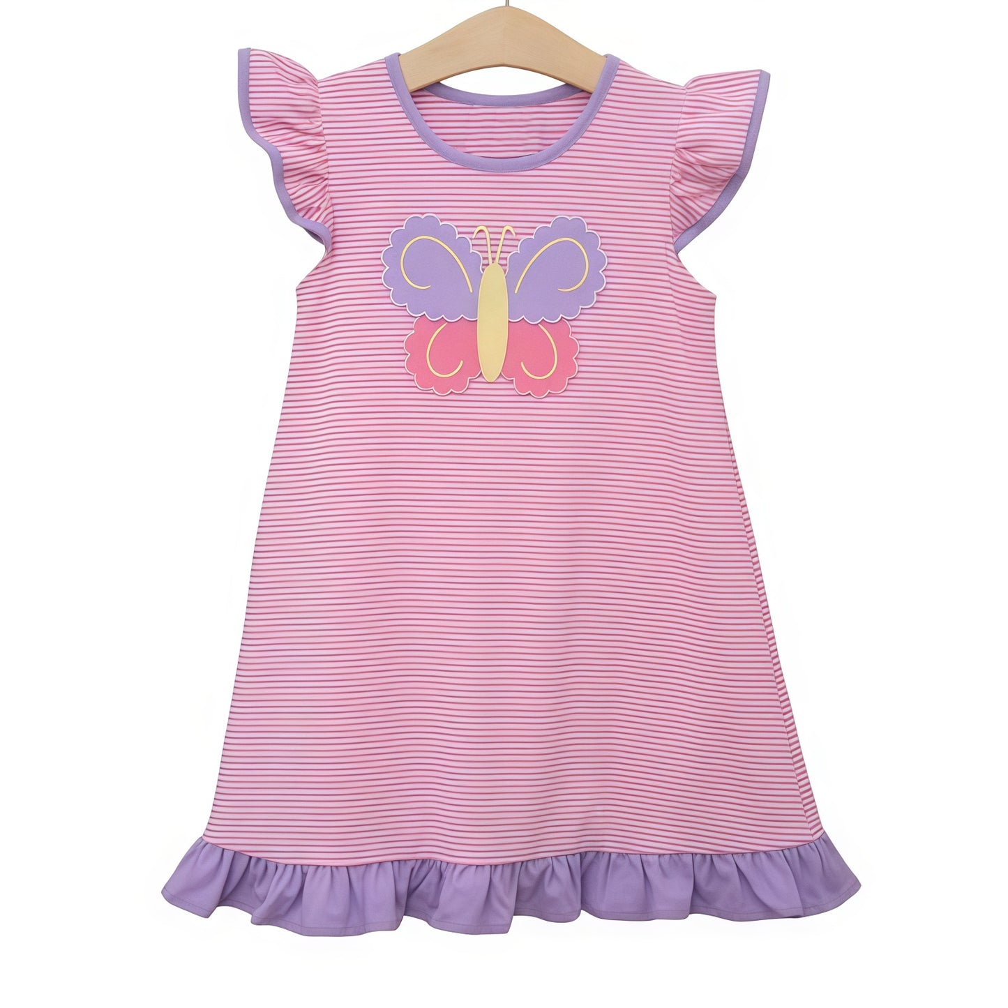 preorder GSD3558 Butterfly Pink Striped Flutter Sleeve Girls Dress