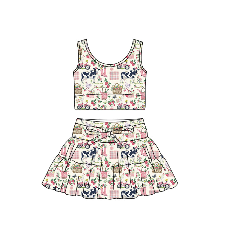 preorder GSD3563 Farm Cow Flowers Sleeveless Skorts Girls Set