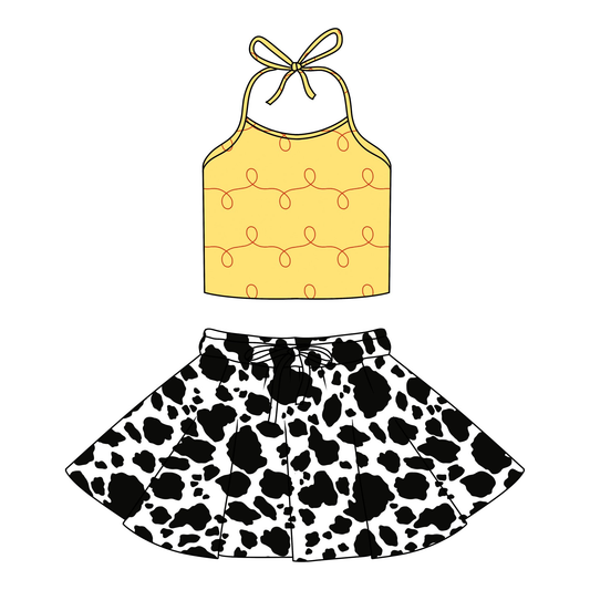 preorder GSD3566 Yellow Top Cow Print Skirt Girls Set