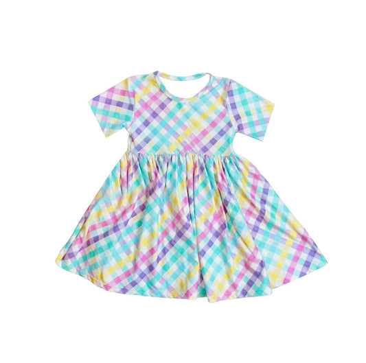 preorder GSD3567 Colorful Checkered Short Sleeve Girls Dress